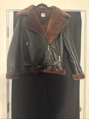 SO Black Faux Leather Moto Jacket with Brown Faux Fur Trim